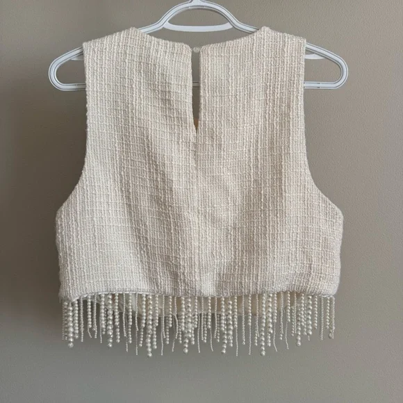 Jason Wu Cream Sleeveless Crop Top Pearl Fringe - Picture 2 of 10